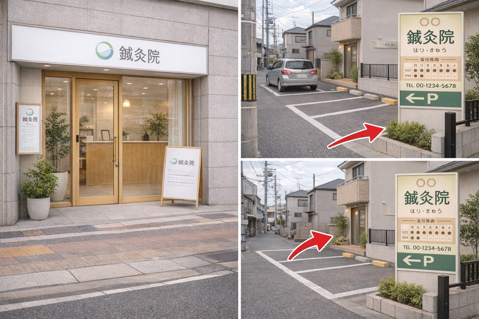 鍼灸院へのアクセス案内（入口と駐車場の目印をまとめた画像）