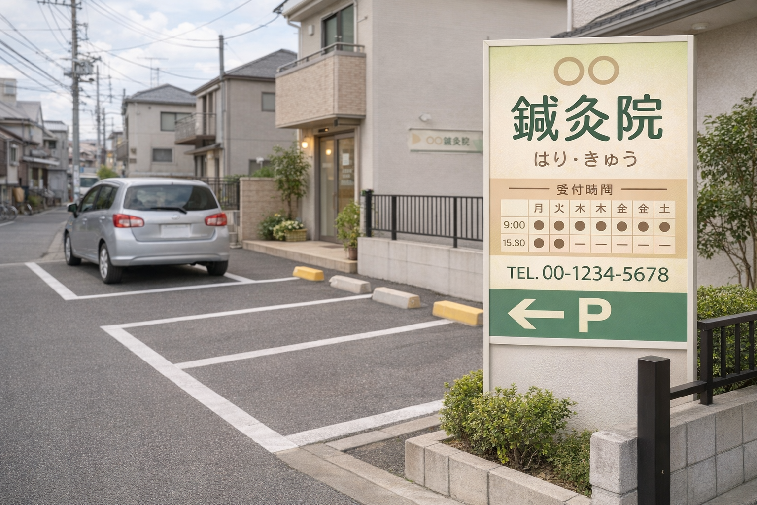 鍼灸院の駐車場と案内看板（アクセスの目印）
