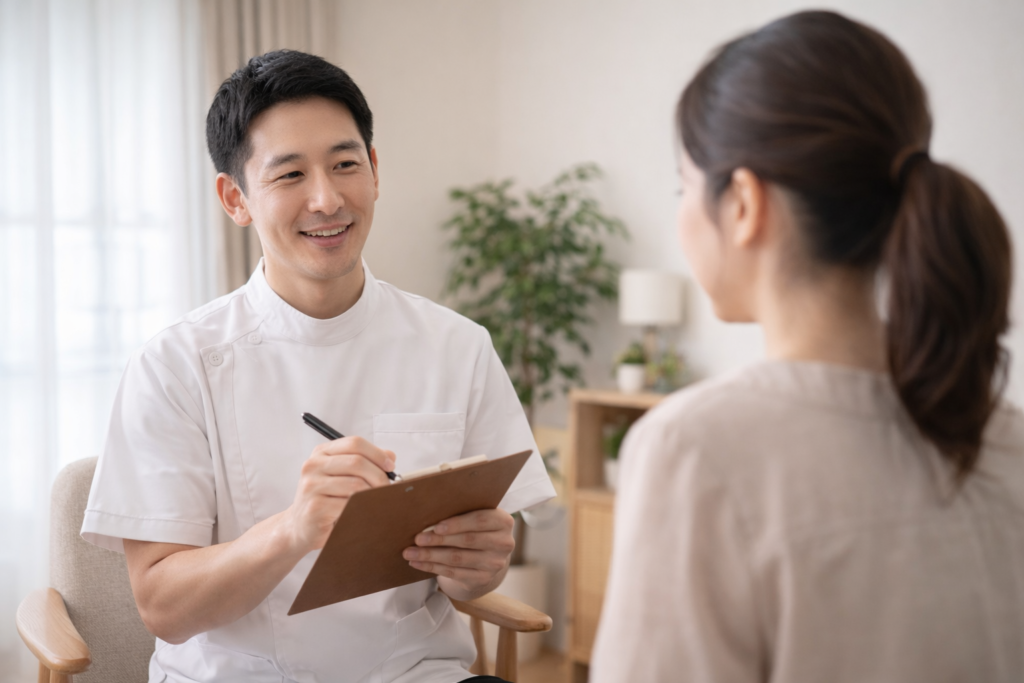鍼灸院で施術前にカウンセリングを行う様子（施術者が問診票に記入）