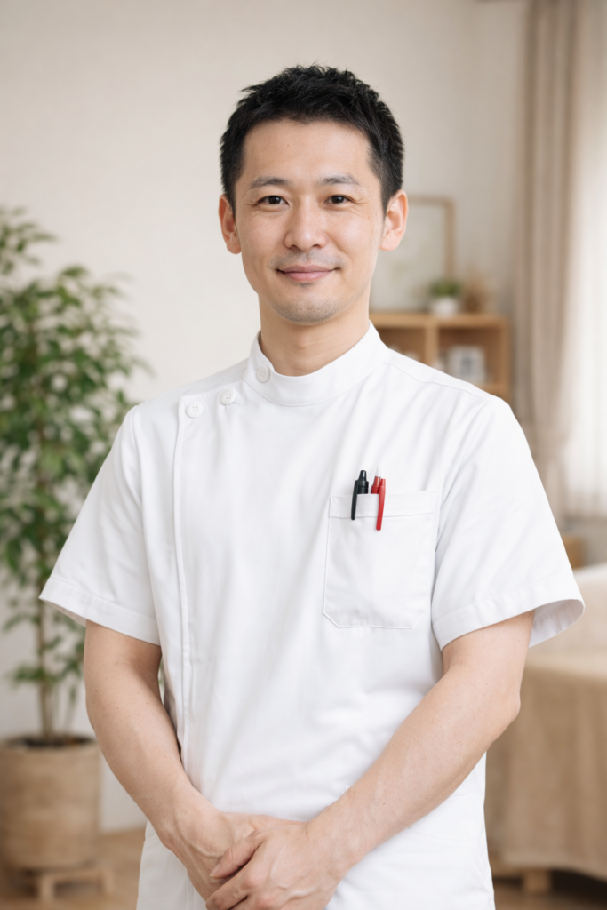 鍼灸院の施術者プロフィール写真（白衣で微笑む男性スタッフ）