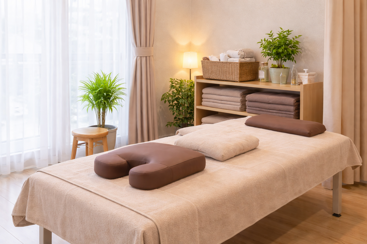 落ち着いた雰囲気の施術室（施術ベッドと清潔な備品が整った院内）
