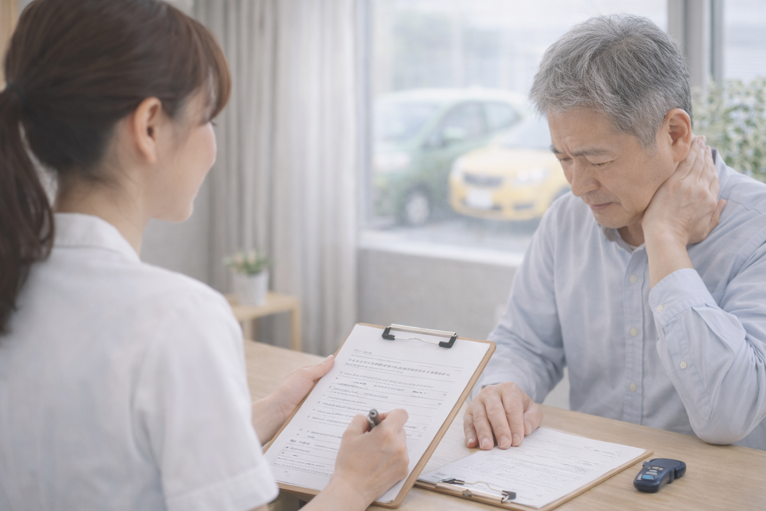 交通事故後の不調について相談している様子