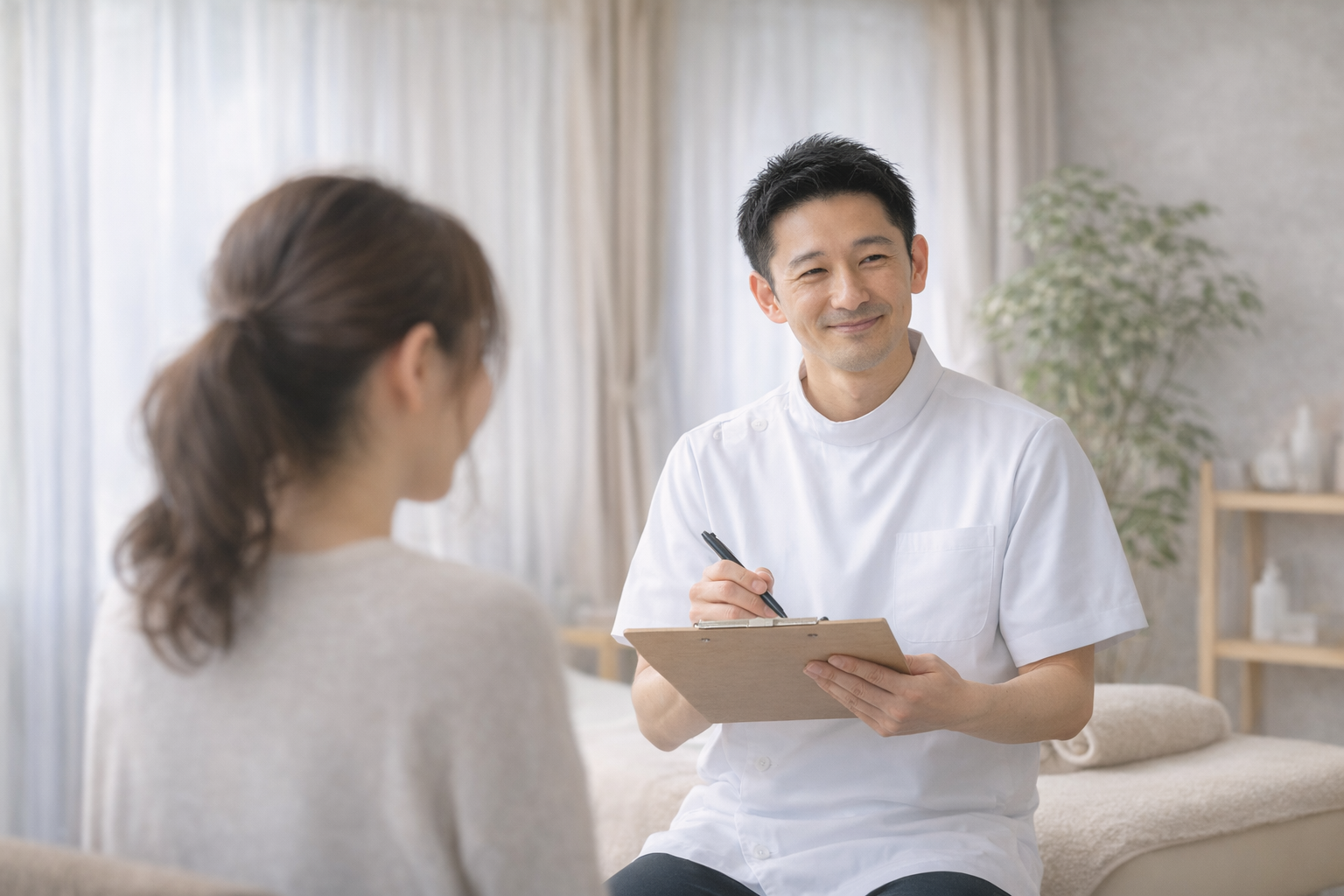 鍼灸院で初回カウンセリングを行う様子