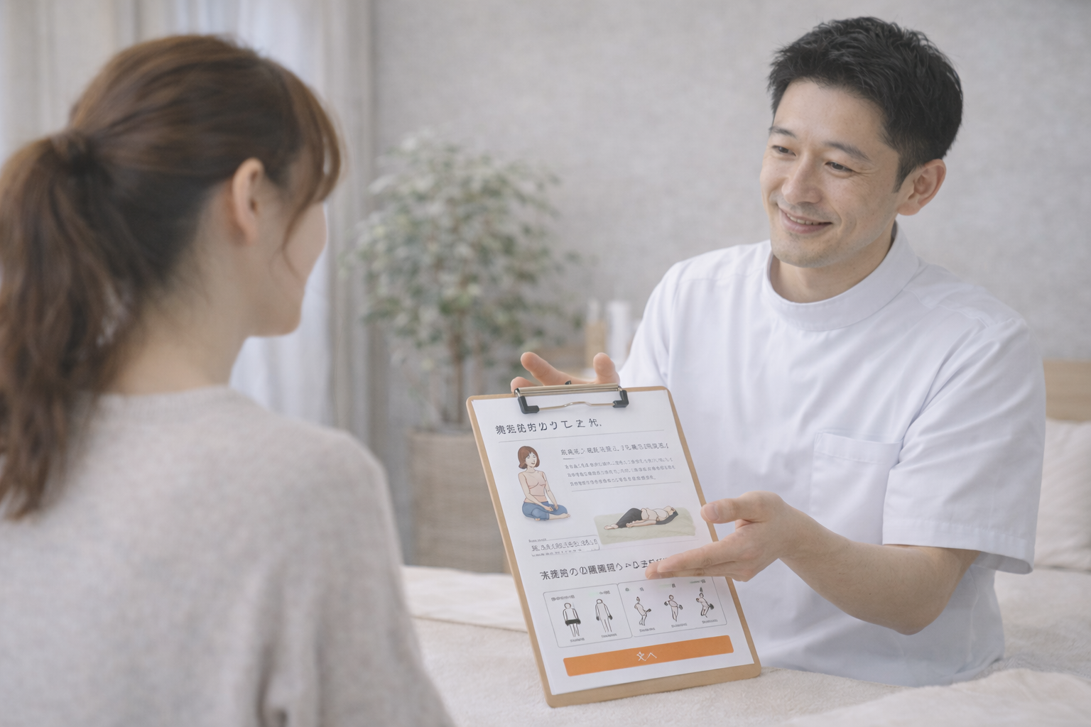 施術後にセルフケアや注意点を説明している様子