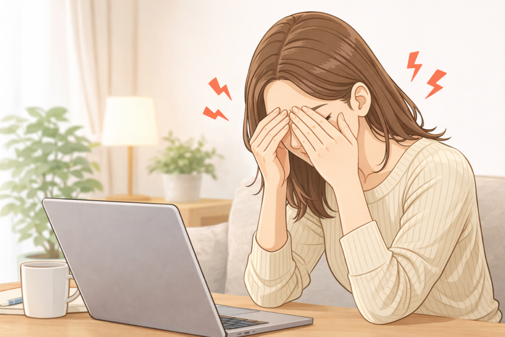 パソコン作業で目が疲れて目を押さえている女性のイラスト（眼精疲労のイメージ）