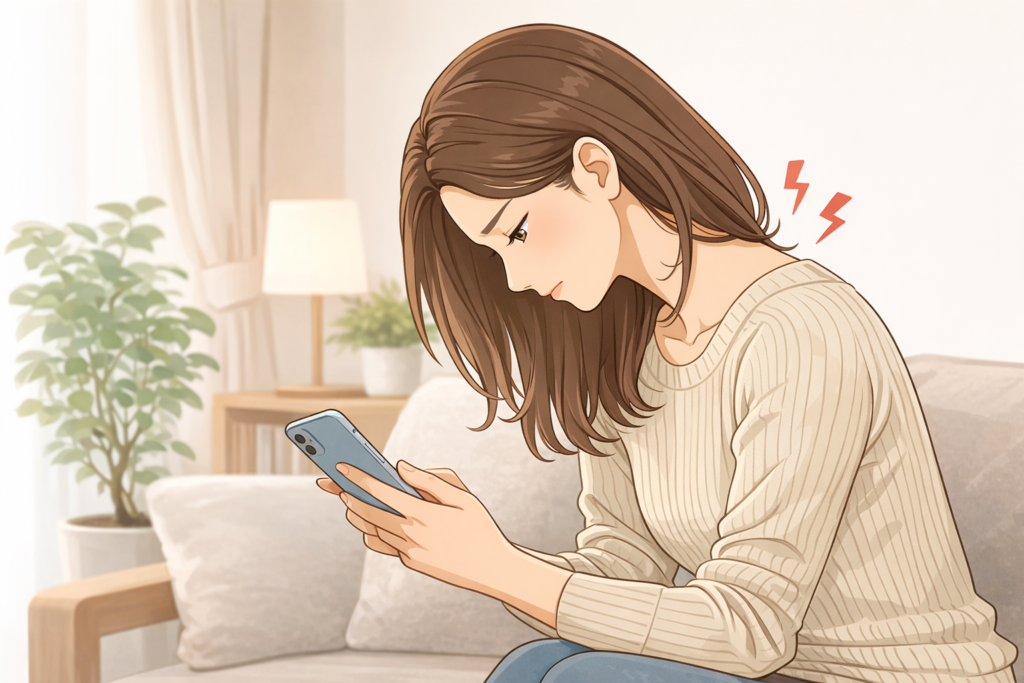 スマホを見て首が前に出て首こりになっている女性のイラスト（松戸の鍼灸院ブログ用）