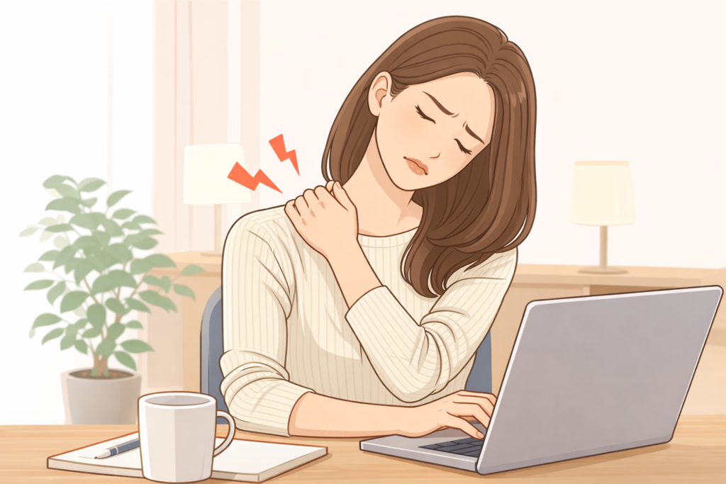 デスクワークで肩こりに悩む女性のイラスト（松戸の鍼灸院ブログ用）
